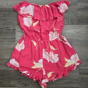 Billabong Red Floral Off-Shoulder Dress with Pink and Cream Blooms